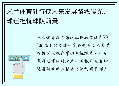 米兰体育独行侠未来发展路线曝光，球迷担忧球队前景